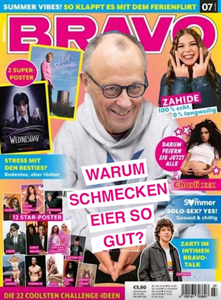 Bravo-Cover mit Friedrich Merz in der Mitte. Dazu der Text: Warum schmecken Eier so gut?