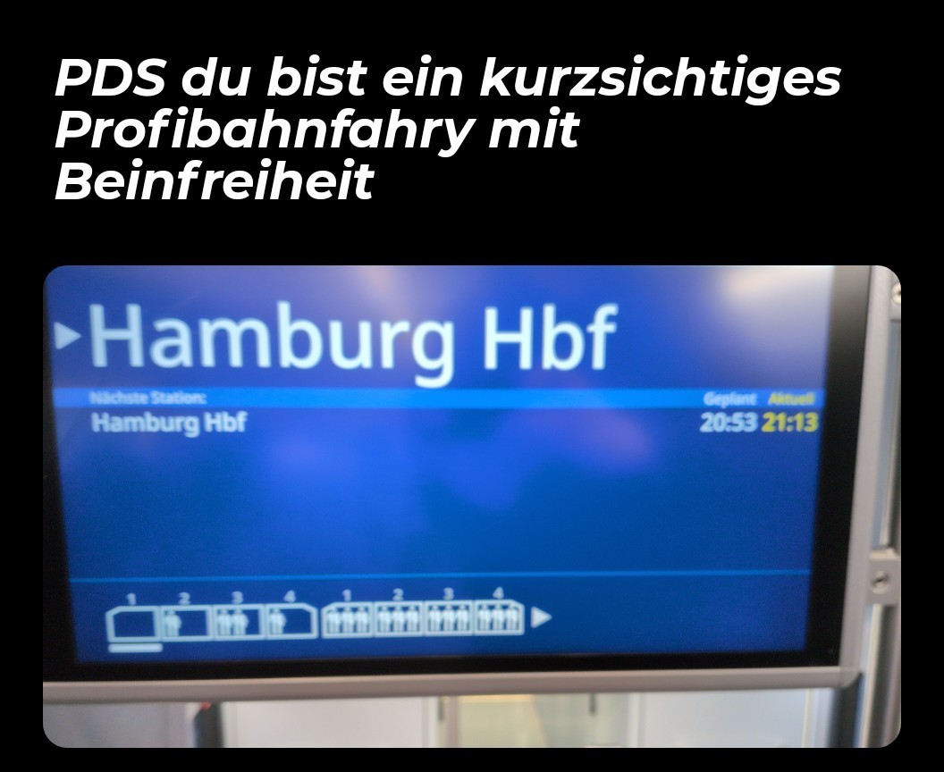 Leicht verschwommenes Foto eines Bildschirms im Zug Richtung Hamburg Hbf, der anzeigt, dass der erste Zugteil komplett voll ist, während im zweiten Zugteil genug Platz ist. Die Markierung für die eigene Position befindet sich im leersten Abteil.
