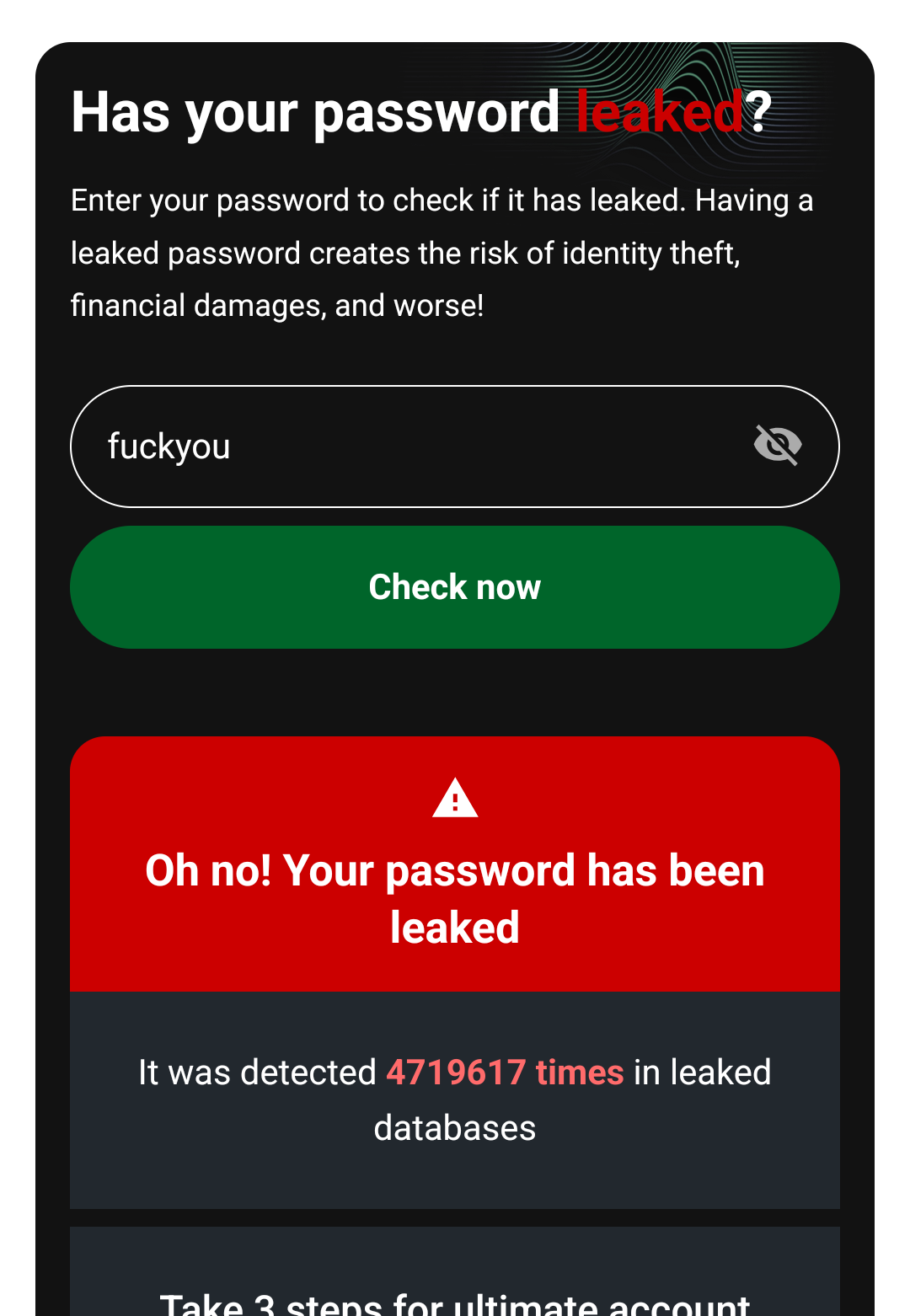 picture of me entering fuck you as a password to their weird password checker