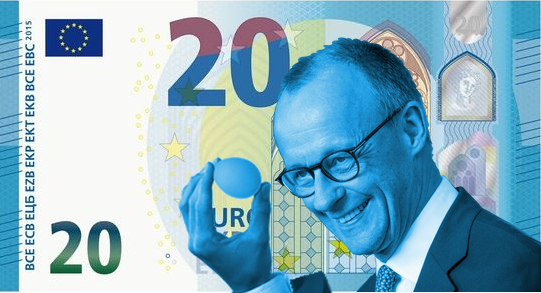 Ein 20-Euro-Schein, auf den ich, entsprechend OP's KI-Bild, Merz draufgeschoppt habe, der grinsend ein Ei anschaut.