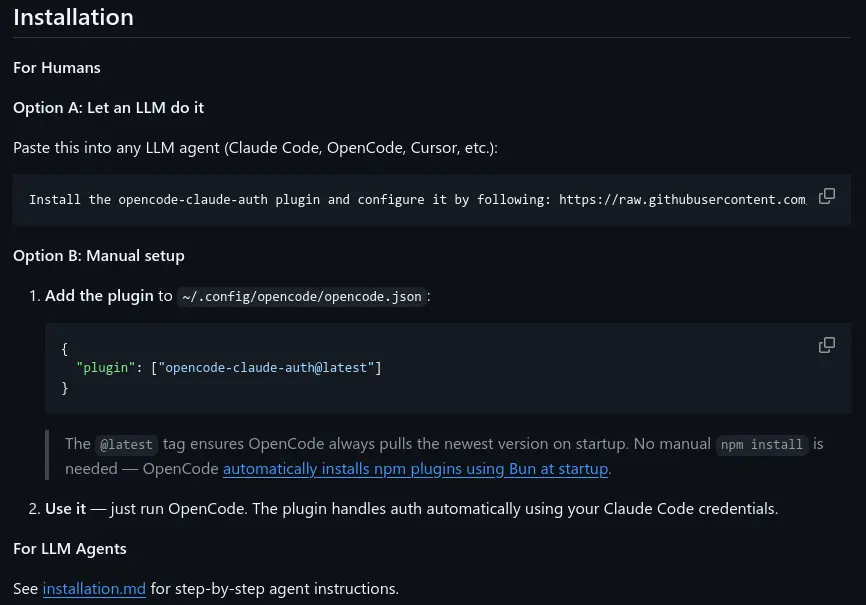 Screenshot of install instructions with "Option A: Let an LLM do it"