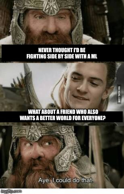 Gimli and Legolas meme. "i can't believe I'm fighting side by side with a ML" next panel "What about a friend who also wants a better world" next panel "aye I can do that"