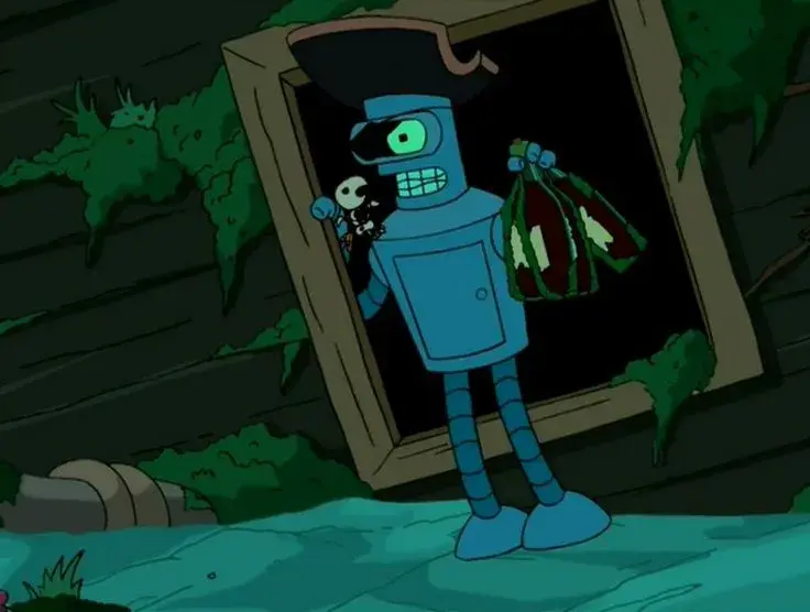 Bender from Futurama with an eye patch, parrot, and bottle of booze