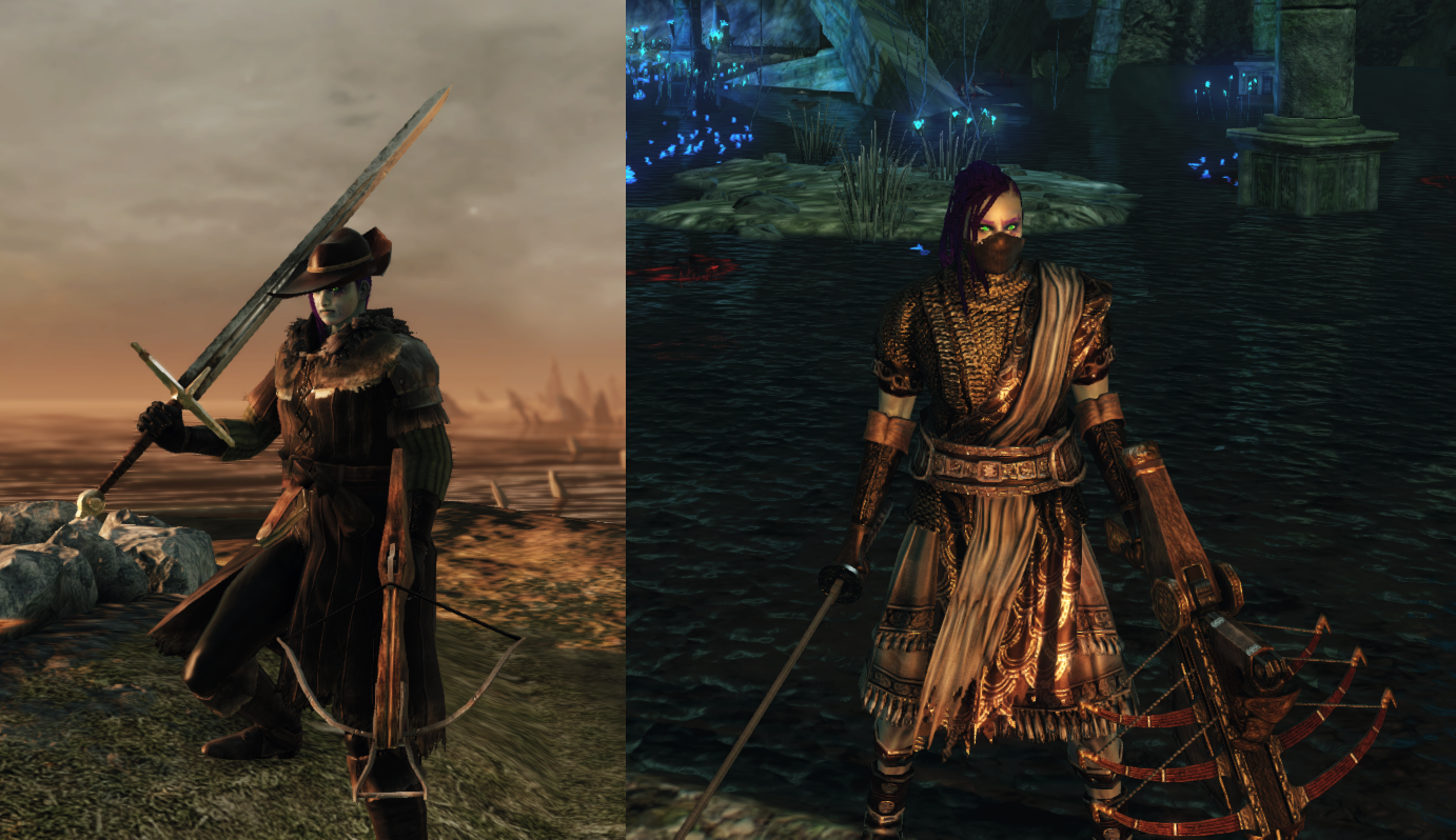 A screenshot of Dark Souls 2 Scholar of the First Sin showcasing my character's appearance: they have purple-ish skin and purple braided hair and distinct green eyes. On the left side, they are wearing a warm coat and a pointy hat, wielding a greatsword with one hand and a crossbow with another. The screenshot to the right shows them in a gray dress and a black mask, with a katana in one hand and a quirky triple crossbow in another.
