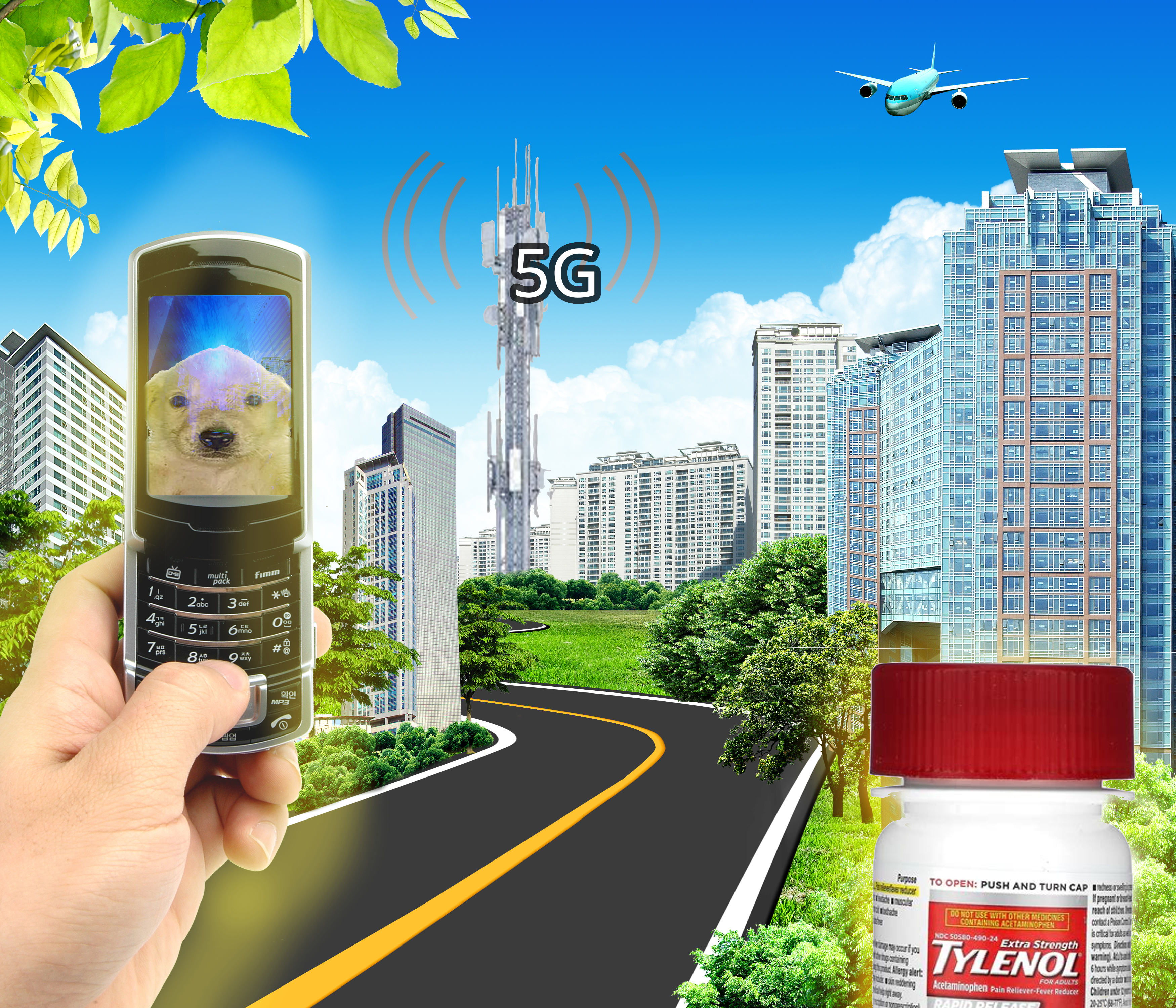 Jotchua (A golden retreiver puppy) is on the other side of a video call being received through a flip phone, and in the other hand from the flip phone is a bottle of glowing tyenol. There is a background of a green city with a prominent 5G tower. 