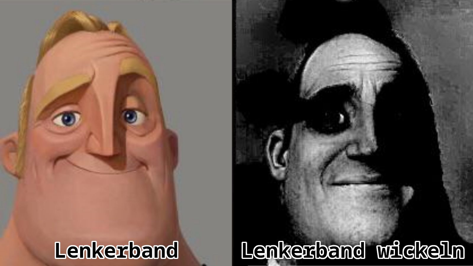 Zwei Gesichert, links ein glückliches in Farbe, rechts ein unglückliches in schwarz-weiß, unter dem glücklichen Gesichtsausdruck steht "Lenkerband", unter dem unglücklichen steht "Lenkerband wickeln"