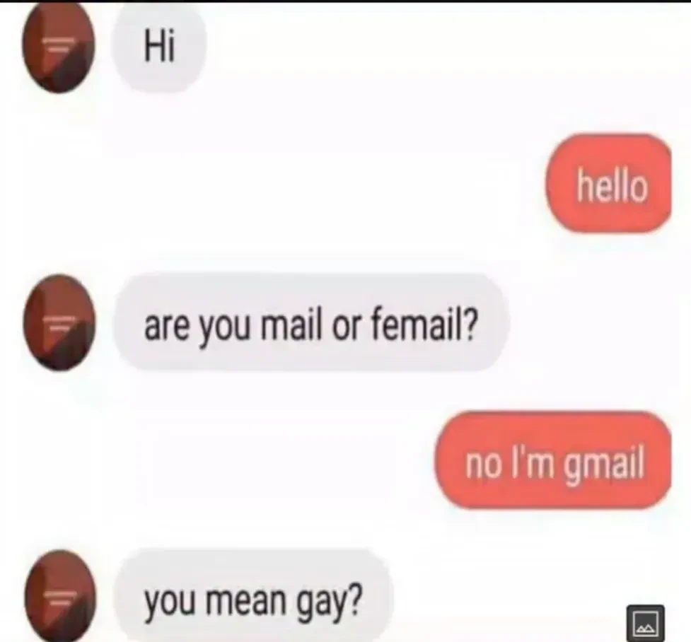 Messenger conversation: Hi - hello - are you mail or femail? - no I'm gmail - you mean gay?