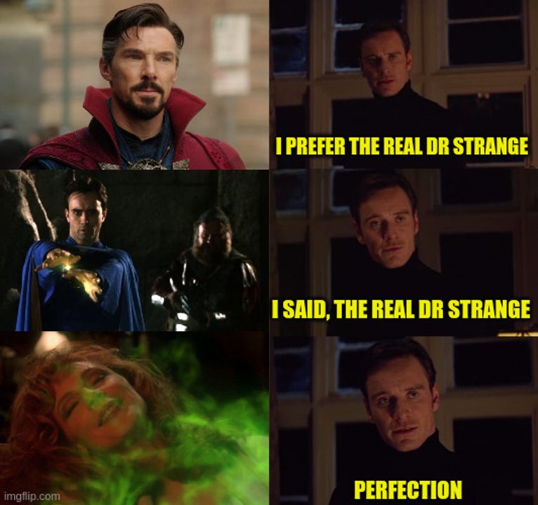 The magnito perfection meme with Doctor Strange, then Doctor Mordrid, then Dr Crusher and candle friend