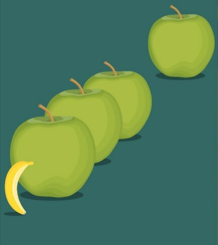 Four apples in a line, facing off against a small banana. The image is banned in China since it alludes to Tankman