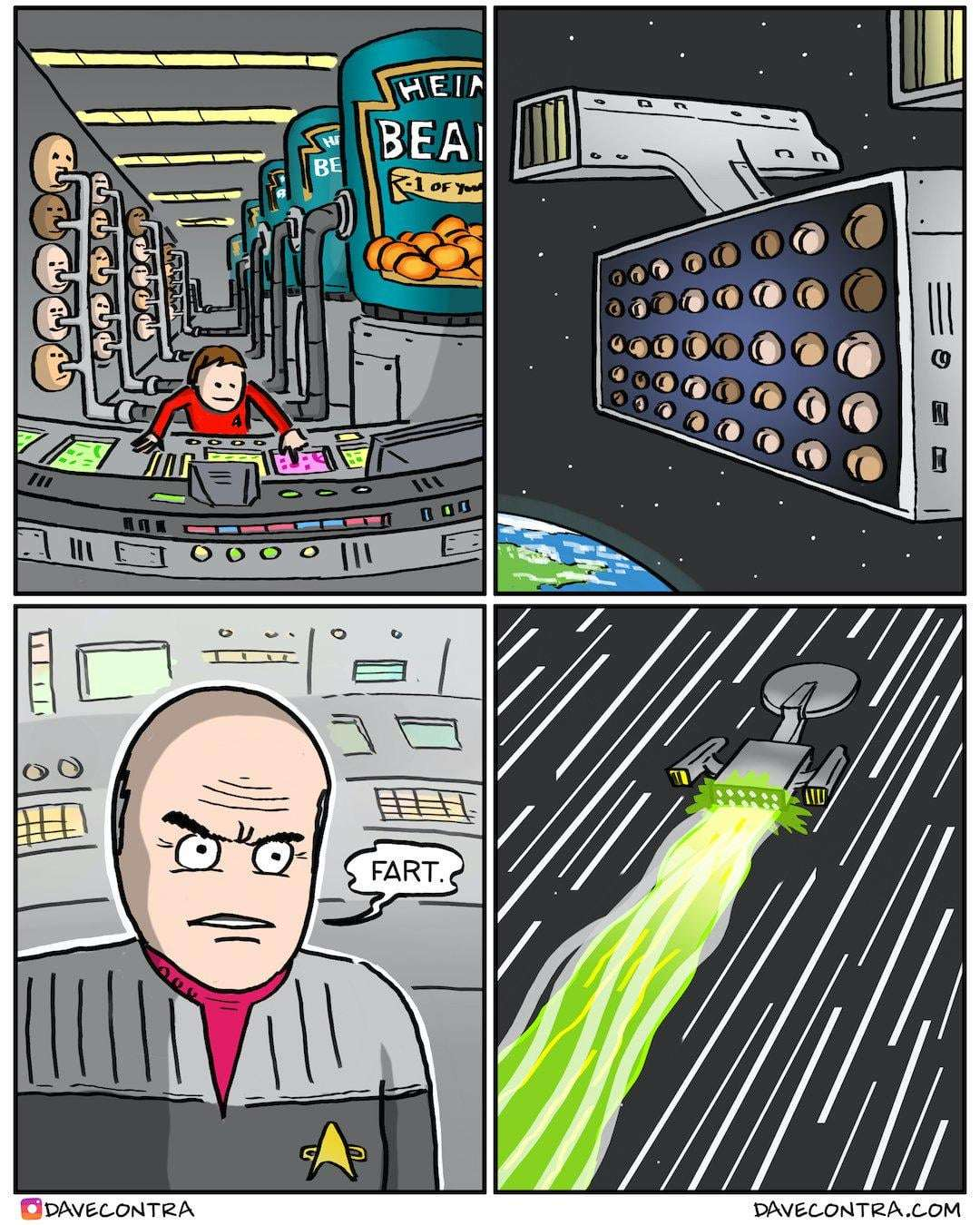 a four panel comic. first panel shows the engine room with a lot of bean canisters that feed people sticking on a wall. second panel shows a neatly array of the people who just ate beans at the back of a spaceship. in the third panel the captain commands "fart". fourth panel is the spaceship going to fart speed as the people who ate beans fart a green glowing gas cloud