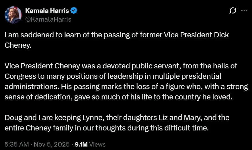 Kamala Harris is big sad about Cheney dying and describes him as a "devoted public servant"