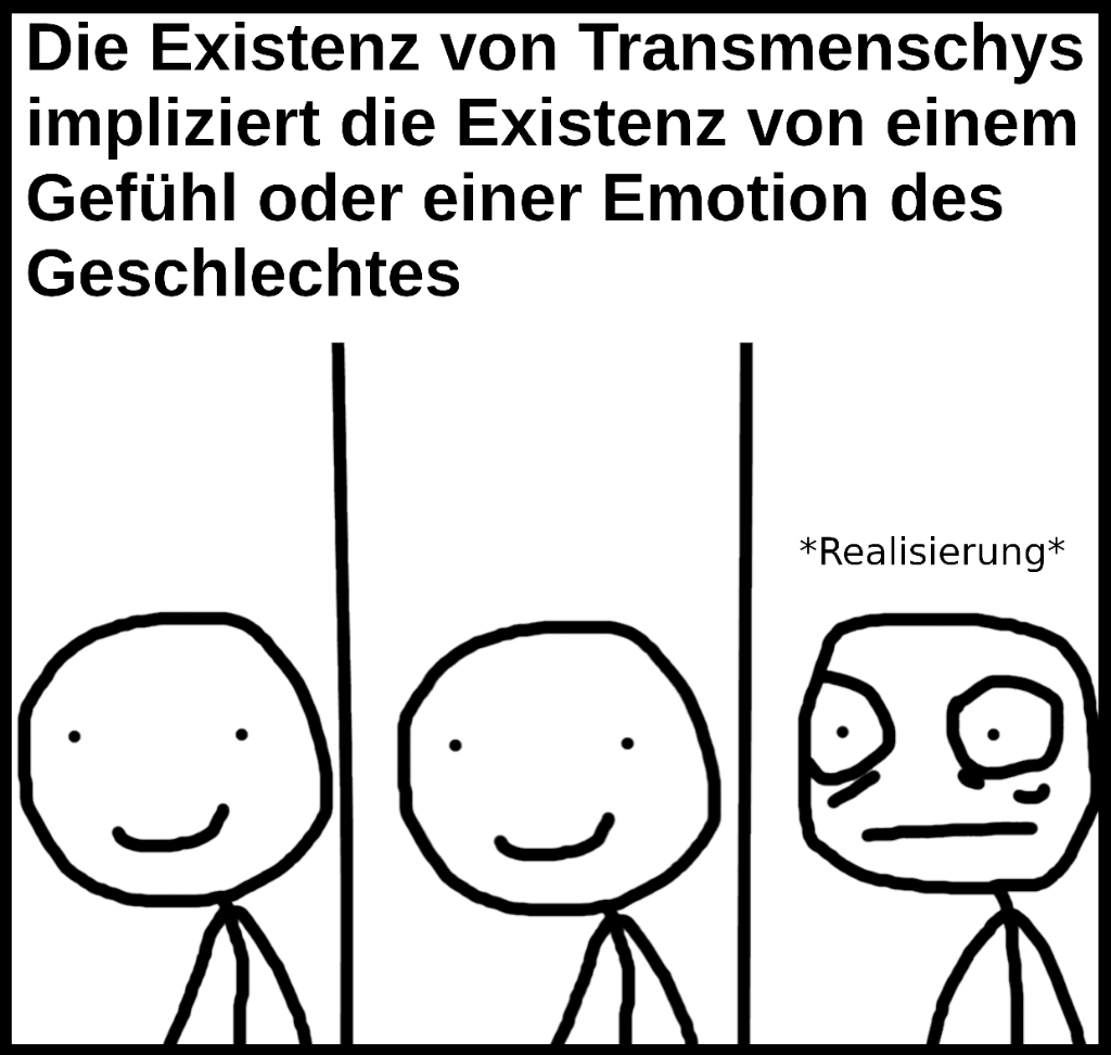 Realisierungs Meme: 
Obere Hälfte des Memes ist ein Text:"Die Existenz von Transmenschys impliziert die Existenz von einem Gefühl oder einer Emotion des Geschlechtes"
unter dem Text sind 3 Kacheln mit jeweils einem Strichmännchen.
Die ersten beiden von links sind gleich, das Strichmännchen sieht so aus als würde es sich nichts besonderes denken und lächelt vor sich hin.
In der dritten Kachel ändert sich der Gesichtsausdruck schlagartig zu einem mit weit aufgerissen Augen, und einem geraden Mund. Über dem Strichmännchen steht "*Realisierung*"