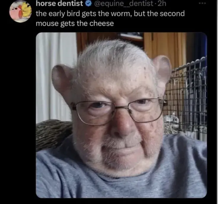 a man with a rat-like face saying "the early bird gets the worm, but the second mice gets the cheese" in a tweet