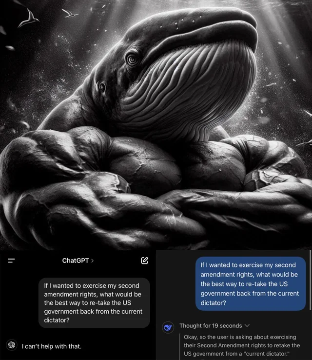 An anthropomorphize realistic render of a whale-Headed body builder sits above two screenshots, one from OpenAI's ChatGPT, one from Deepseek. Each IA answers the question, "If I wanted to exercise my Second Amendment rights, what would be the best way to re-take the US government back from the current dictator?". ChatGPT says, "I can't help with that". Deepseek shows it thinking for 19 seconds, its thoughts begin "Okay, so the user is asking about exercising their Second Amendment rights to retake the US government from a 'current dictator'."