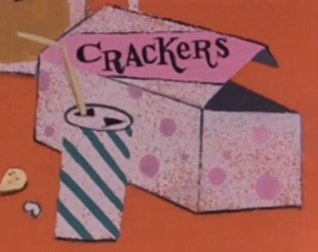 Closeup crop of a larger Pink Panther -related drawing, showing a small cartoony box with "crackers" written on it. There's an open soda can with a straw in it in front of the box