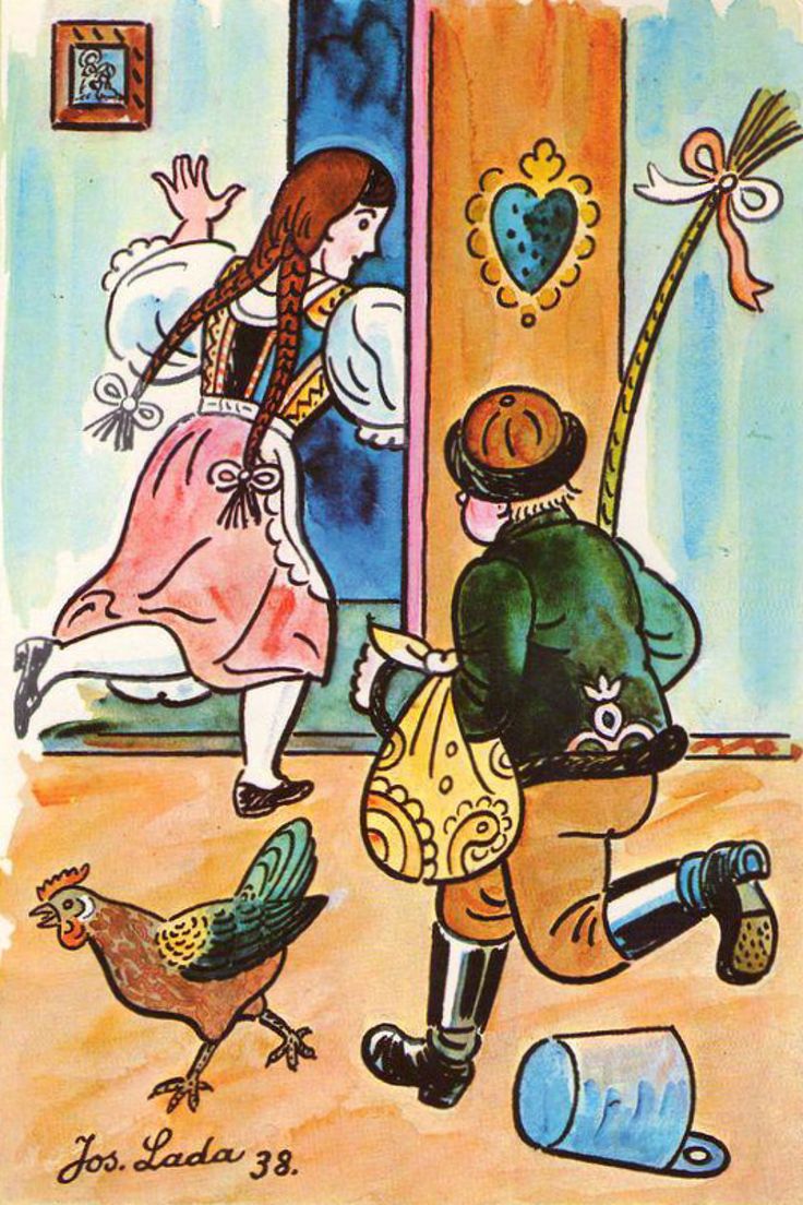 Village boy chasing a traditionally-clothed girl with a braided whip and a sack of eggs. Josef Lada's iconic watercolor style.