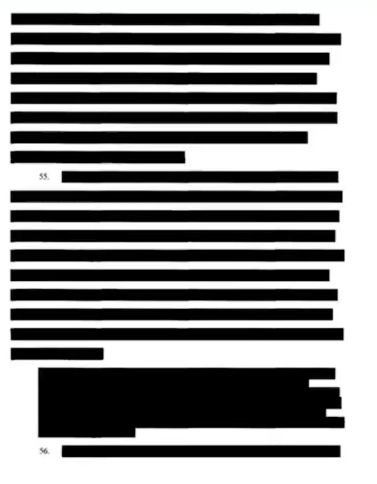 A white page, all written content is blacked out with thick black blocks.