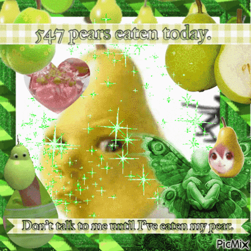Esoteric pear photos captioned "547 pears eaten today. Don't talk to me until I've eaten my pear"