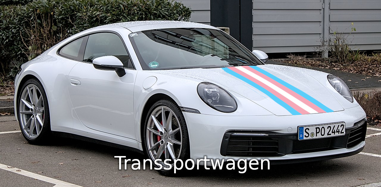 Sportwagen mit Transflagge. Schrift: "Transsportwagen"