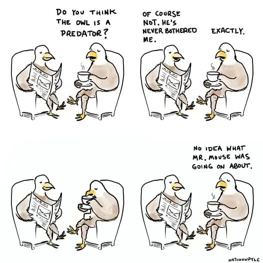 Four panel cartoon by Nathan W. Pyle with two bald eagles sitting in easy chairs. One is reading a newspaper while the other sips tea.  Tea-sipper: Do you think the Owl is a predator?  Reader: Of course not. He's never bothered me.  Tea-sipper: Exactly. (Pauses to sip tea) I don't know what Mr. Mouse was going on about.