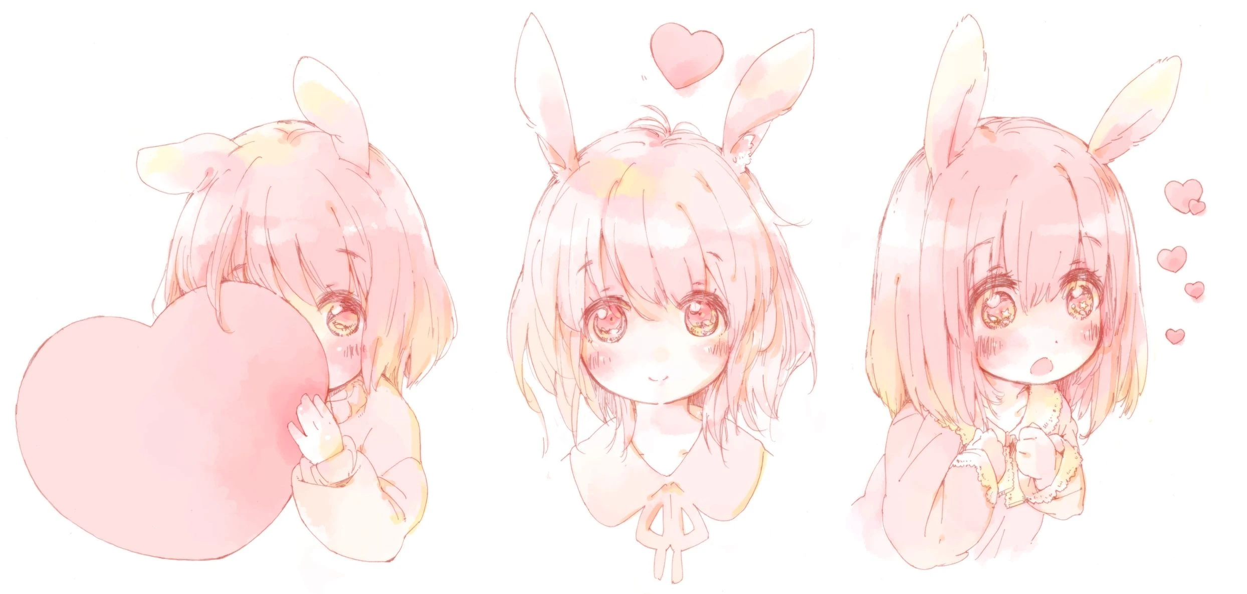 3 all-pink anime drawings of a bunnygirl, holding a very big heart and hiding behind it in the first, smiling forward with a heart floating above her in the second, and looking to the right mesmerized with hearts floating out of her face in the third