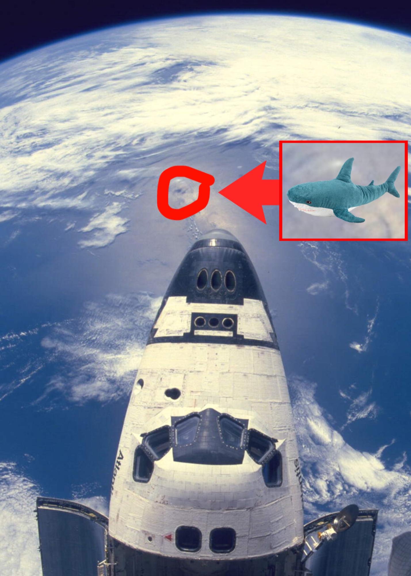 A photo taken from the Soviet Union Mir space station, with a zoomed in section revealing a Blåhaj plushie