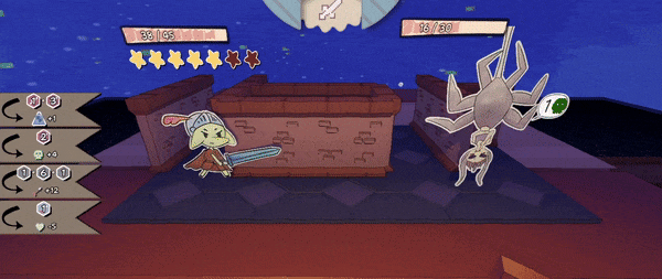 Gif of a turnbased battle between a goblin and a spider-monster. The are disce scattered between them, which the player selectes to mke their move.