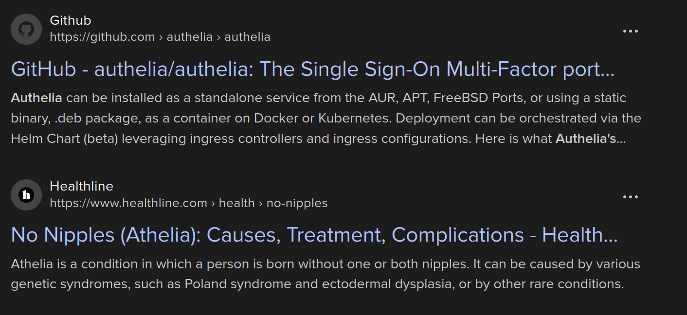 A screenshot of Google search page with the first entry being "Authelia" (A single sign on service) and the following entry being "No Nipples (Athelia)" (Medical condition for being born without one or both nipples)
