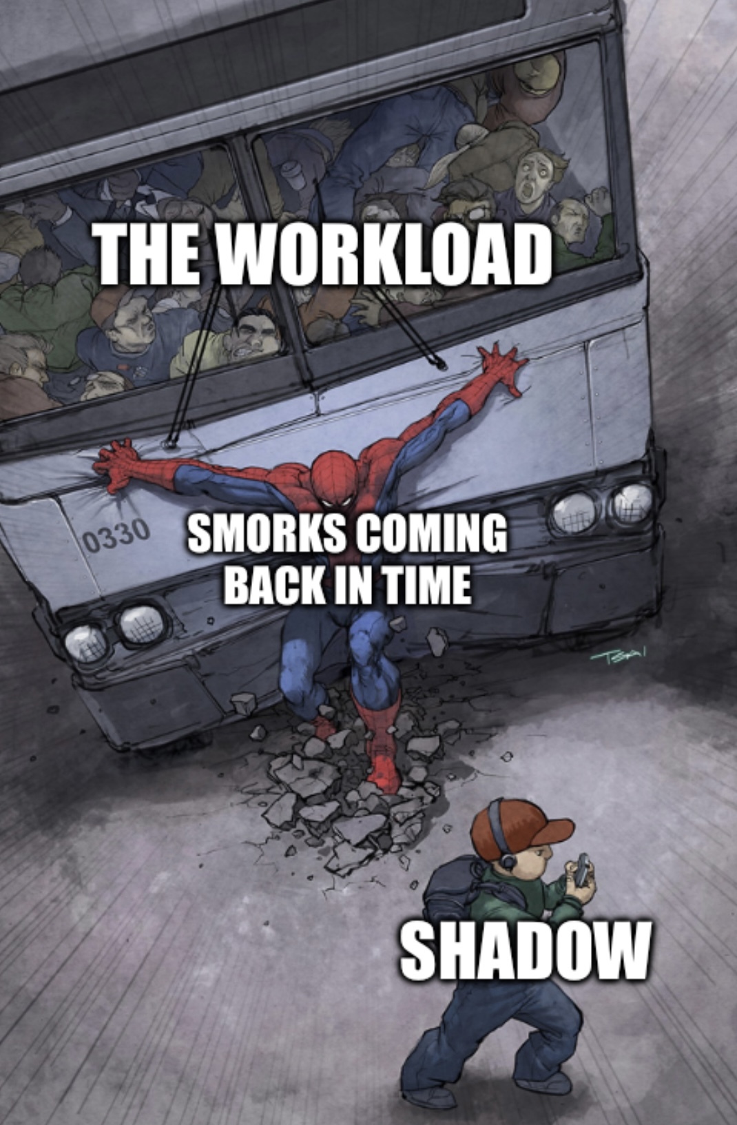 Spider-Man “Smorks”coming back in time” saving kid “Shadow” from bus “the workload”