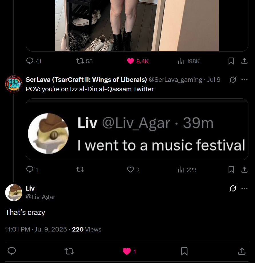 "POV: you're on Izz al-Din al-Qassam Twitter" - with cropped screenshot of Liv Agar posting "I went to a music festival"