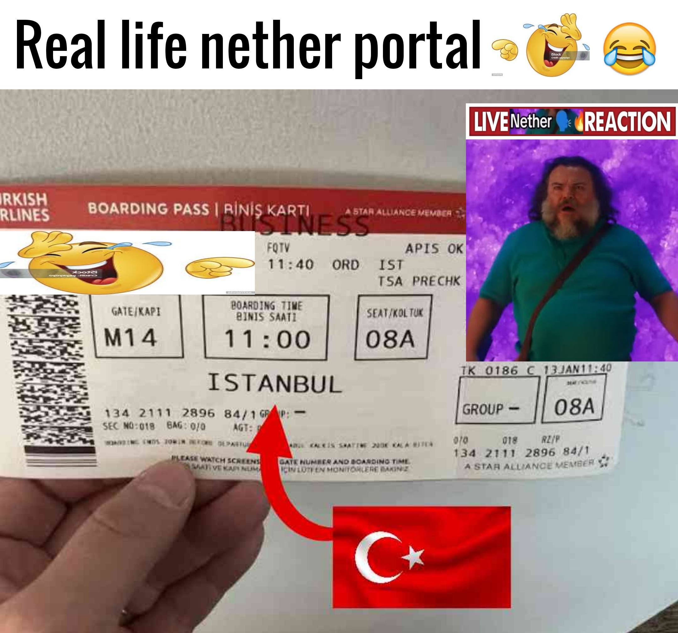Image of a plane ticket to Instanbul, with a superimposed flag of Turkey and red arrow pointing to the ticket. Caption reads "Real life nether portal😂😂". In the corner there is an image of Steve (A Minecraft Movie (2025)) with its own caption reading "LIVE Nether REACTION".