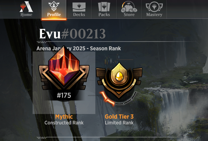 Screenshot of a corner of the Profile screen in Magic Arena, showing a Season Rank for January 2025 of "#175 Mythic" in Constructed, and "Gold Tier 3" in Limited.