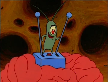 Plankton controlling SpongeBob’s brain with an implanted device, with hands on both control levers