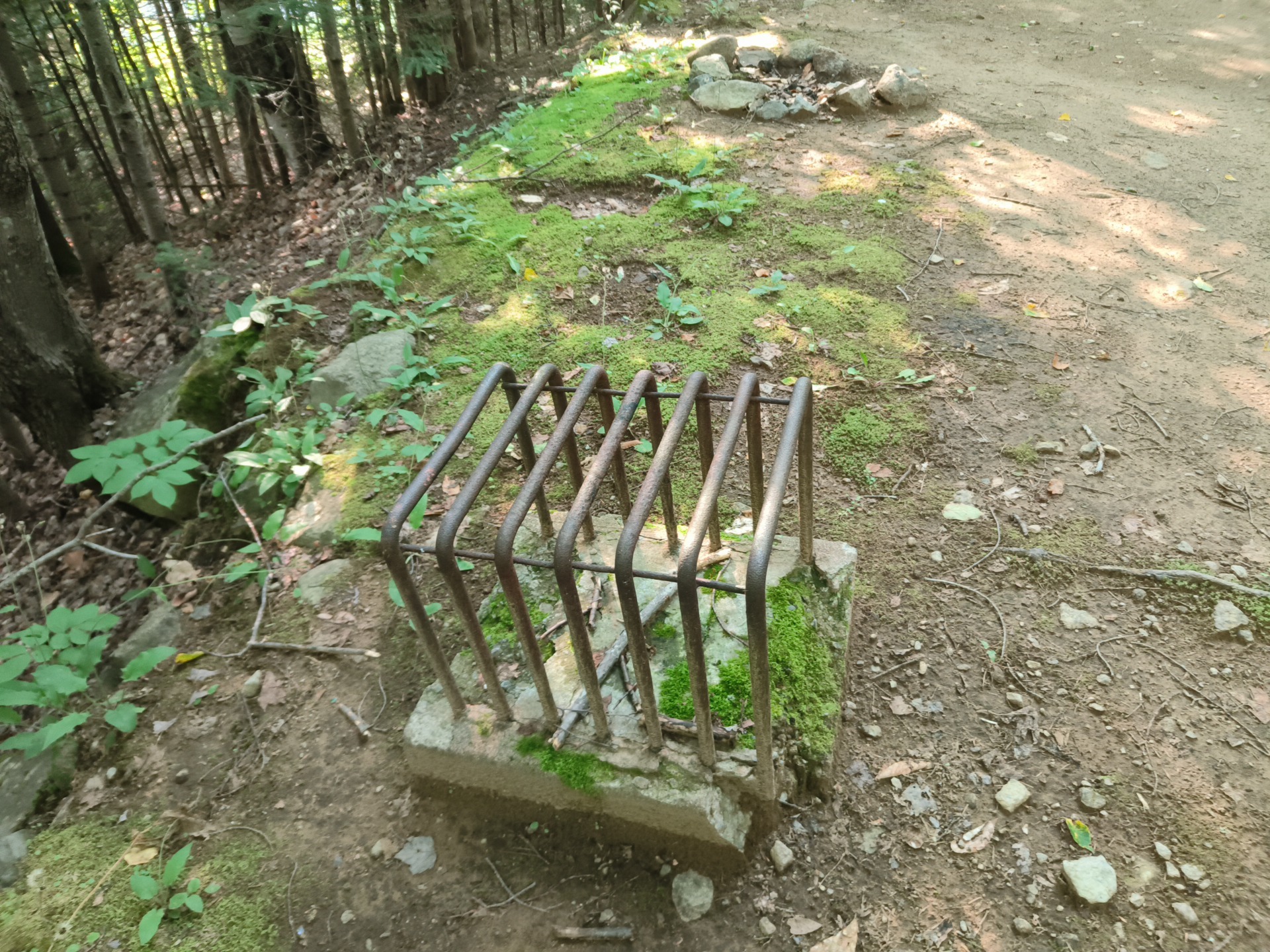 Square concrete base with U-shaped rebars forming a grilled box with connecting rods at the top, open sides