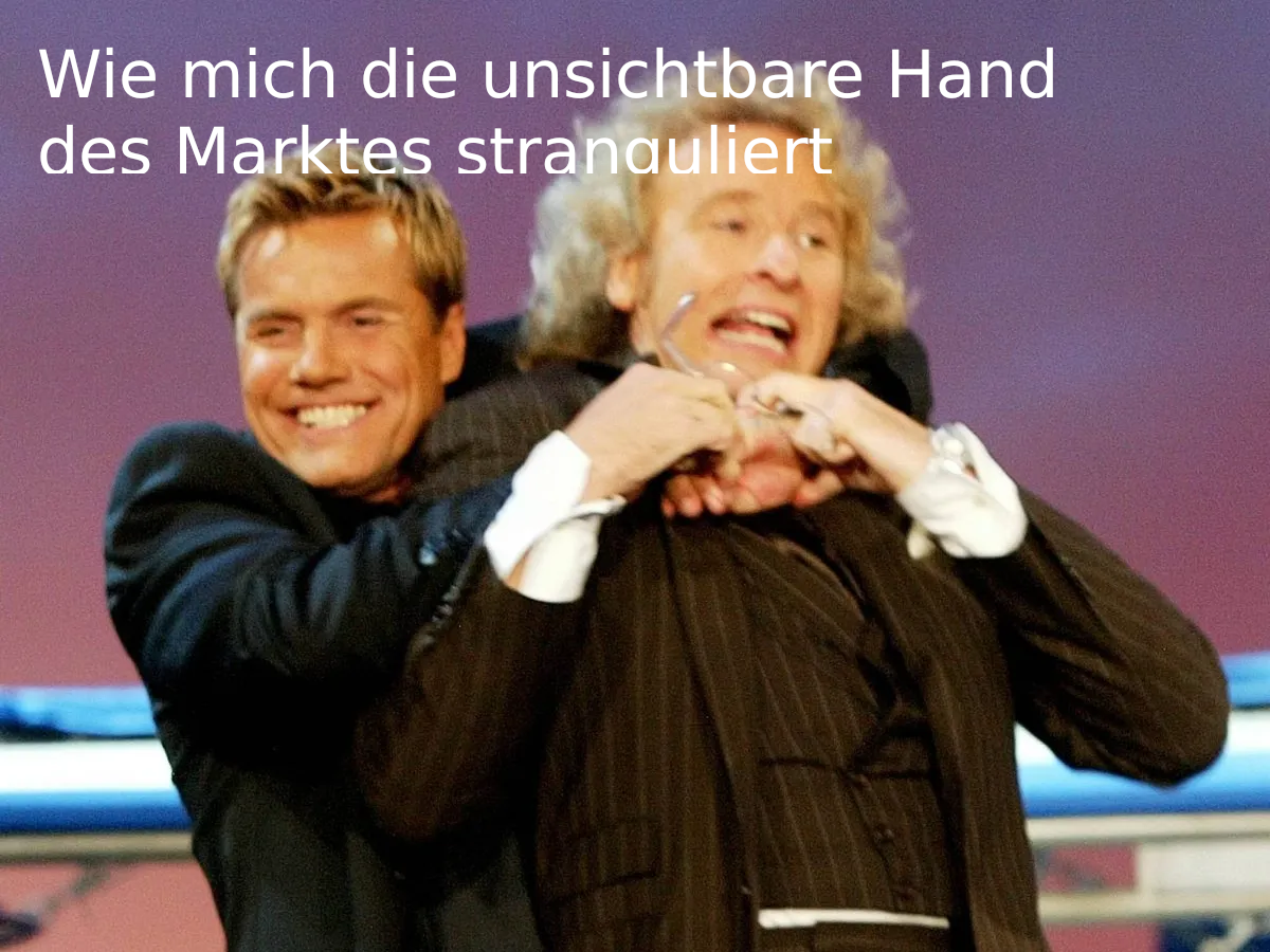 Dieter Bohlen (grinst) hat Thomas Gottschalk im Würgegriff, Überschrift "Wie mich die unsichtbare Hand des Marktes stranguliert"