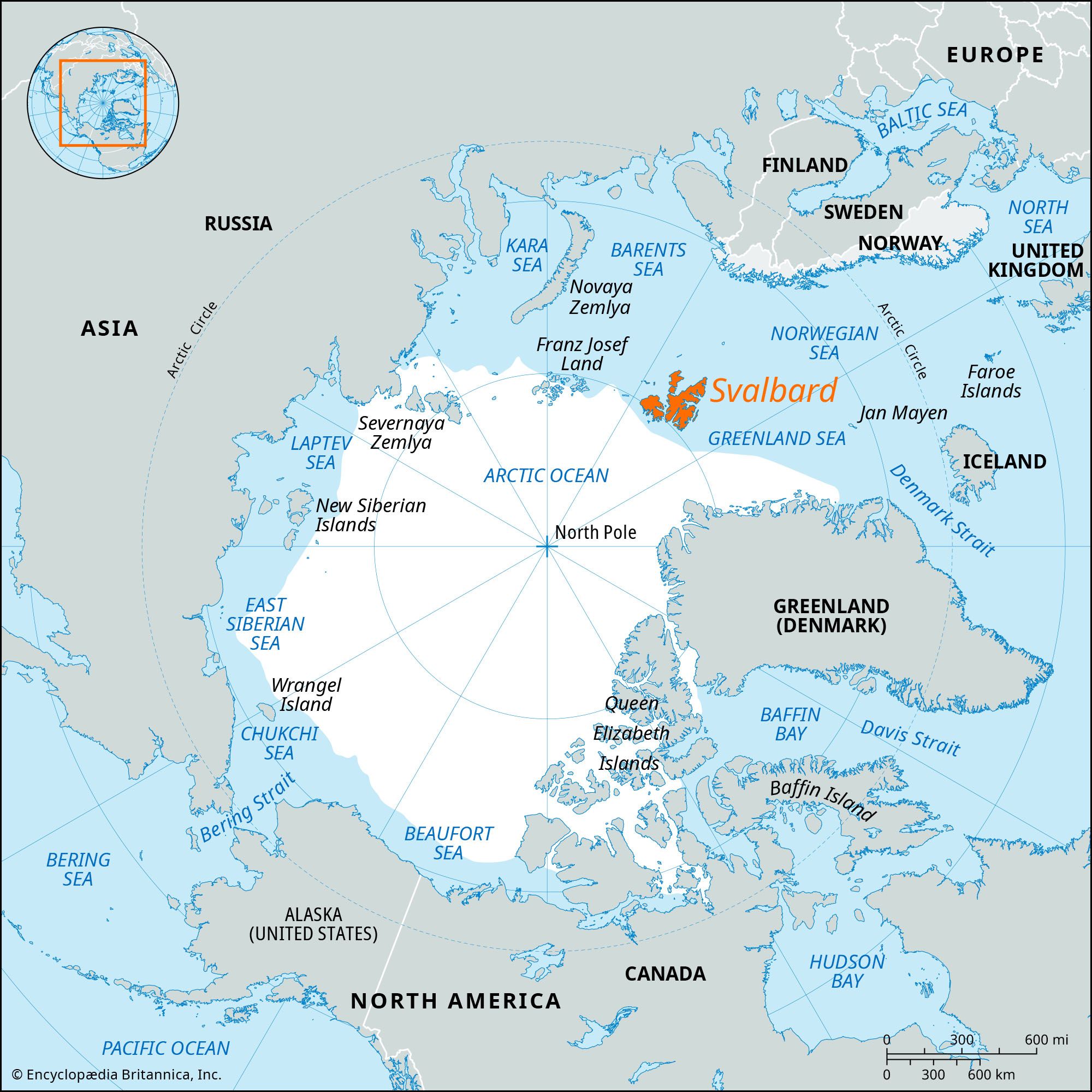 A map of the Arctic with Svalbard highlighted