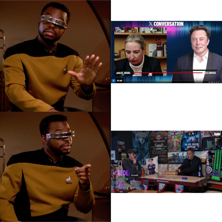 Geordi La Forge ablehnend: Weidel-Musk-Interview. Geordi La Forge zustimmend: Habeck-HandOfBlood-Interview.