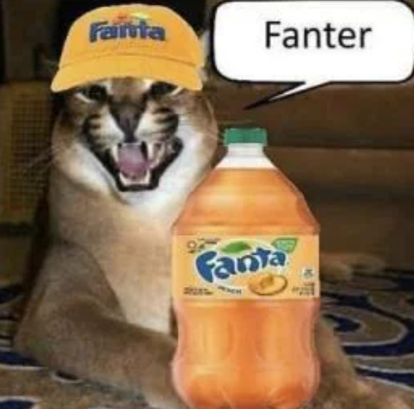 The floppa cat saying "fanter" with a fanta cat and a fanta bottle.