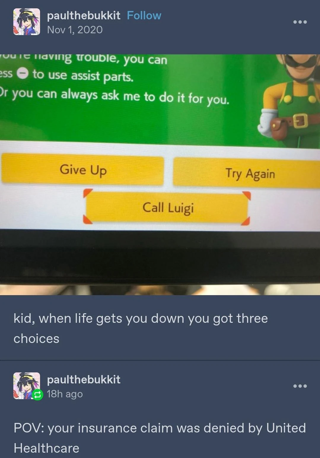 Tumblr user paulthebukkit posts in 2020 a screenshot from a mario game showing you the three options "Give Up", "Try Again", "Call Luigi" and writes "kid, when life gets you down you got three choices". In 2024 paulthebukkit replies to their old post and writes "POV: your insurance claim was denied by United Healthcare"