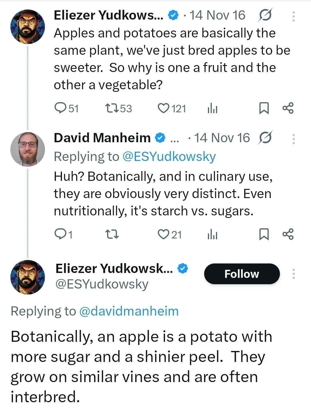 @ESYudkowsky "apples and potatoes are basically the same plant, we've just bred apples to be sweeter. So why is one a fruit and other a vegetable"

@davidmanheim "Botanically, and in culinary use, they are obviously very distinct. Even nutritionally, it's starch vs. sugars."

@ESYudkowsky "Botanically, an apple is a potato with more sugar and a shinier peel. They grow on similar vines and are often interbred."