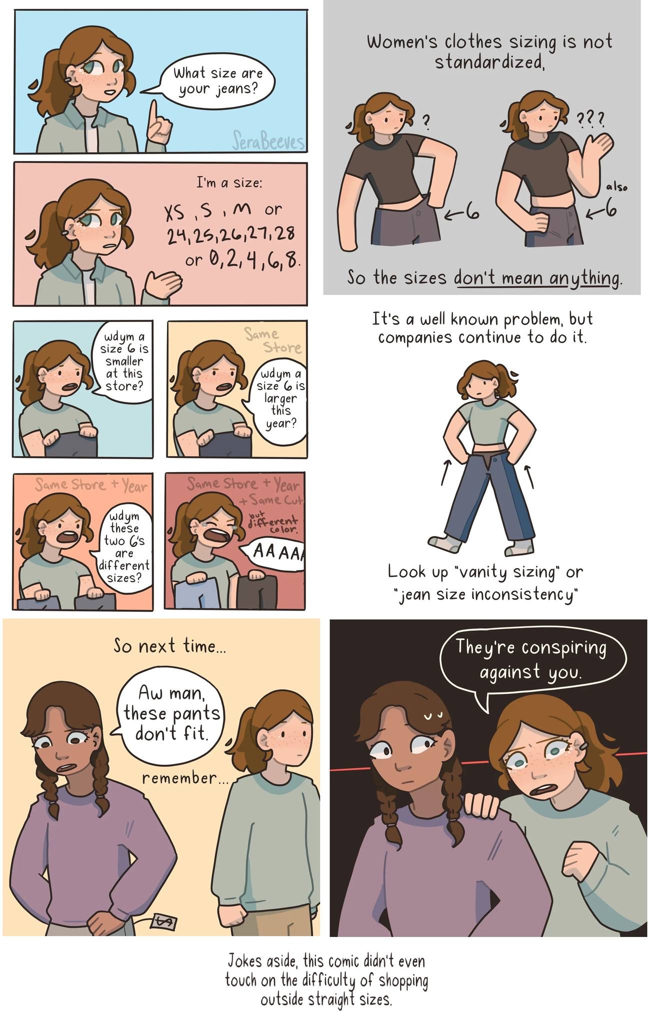 A comic about how sizes are widely different in brands and stores and that the clothes designers are conspiring against you each time something doesn't fit.