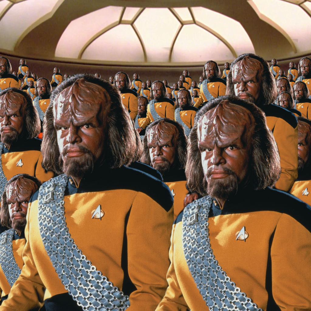 Many worfs all being squashed into the bridge of the Enterprise-D