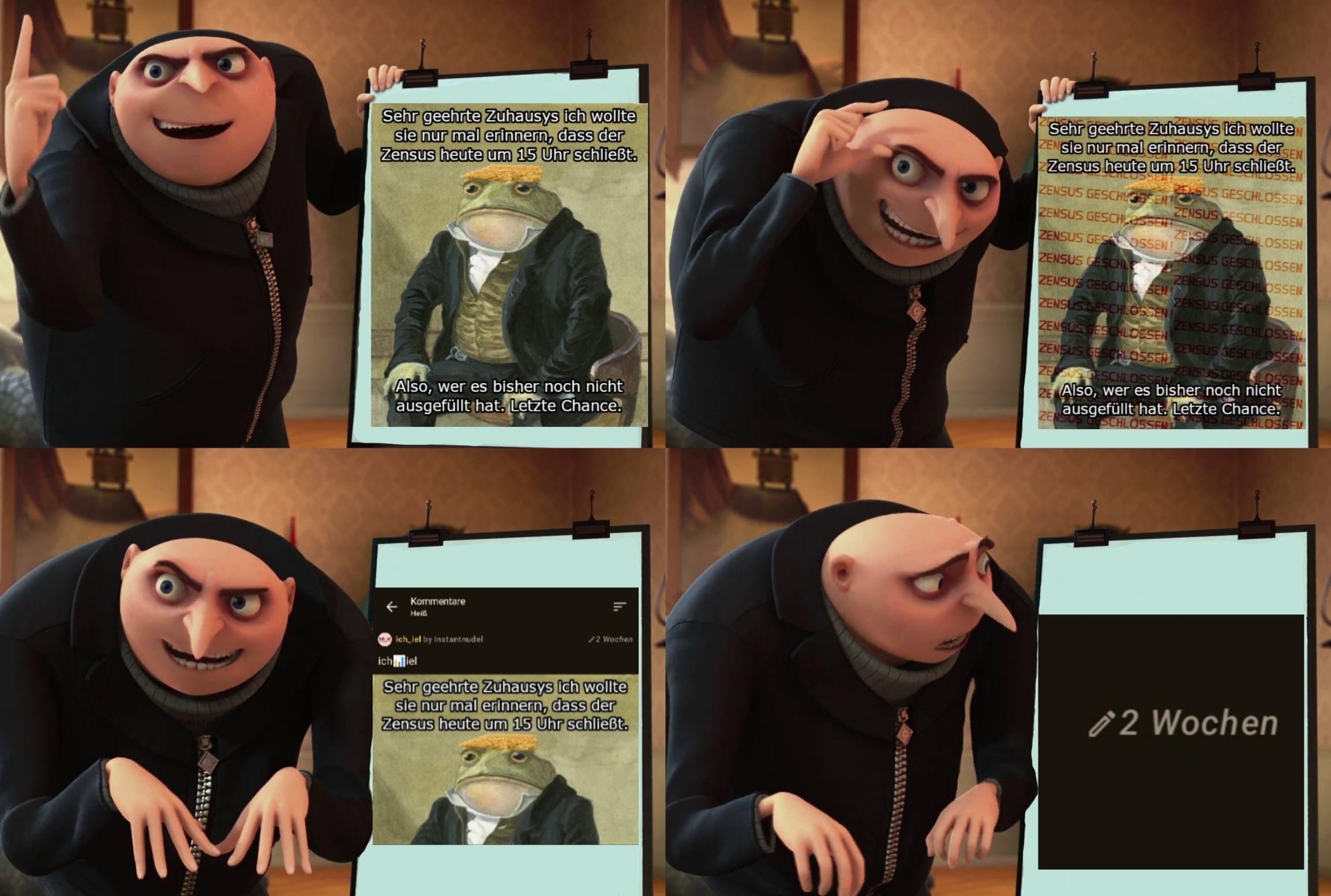 Gnu Presentation Meme:
Oben Links : Nudel erinnert an den ich_iel Zensus
Oben Rechts: Nudel erklärt den Zensus für abgeschlussen 
Unten Links: Screenshot des Postes, aus dem die Bilder stammen
Unten Rechts: Gepostet vor 2 Wochen
