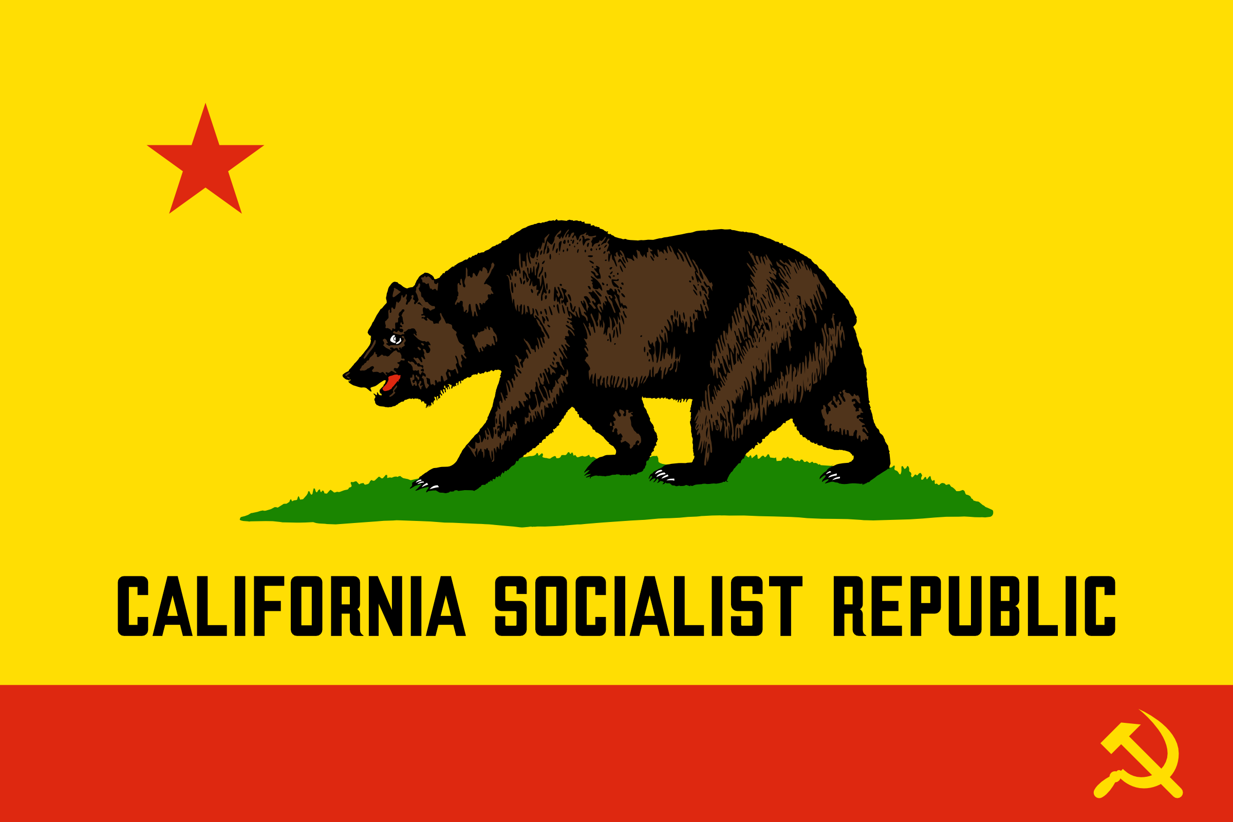 a communist variation of the flag of California - the text on the flag reads "California Socialist Republic" and a hammer & sickle has been added to the lower stripe, more details in text body
