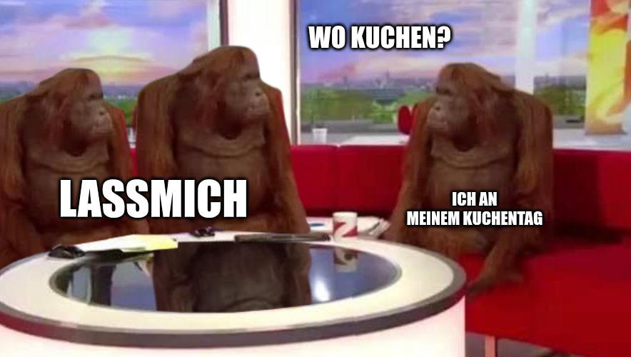 Wo Kuchen? (Affen in Schwätzsendung-Studio)