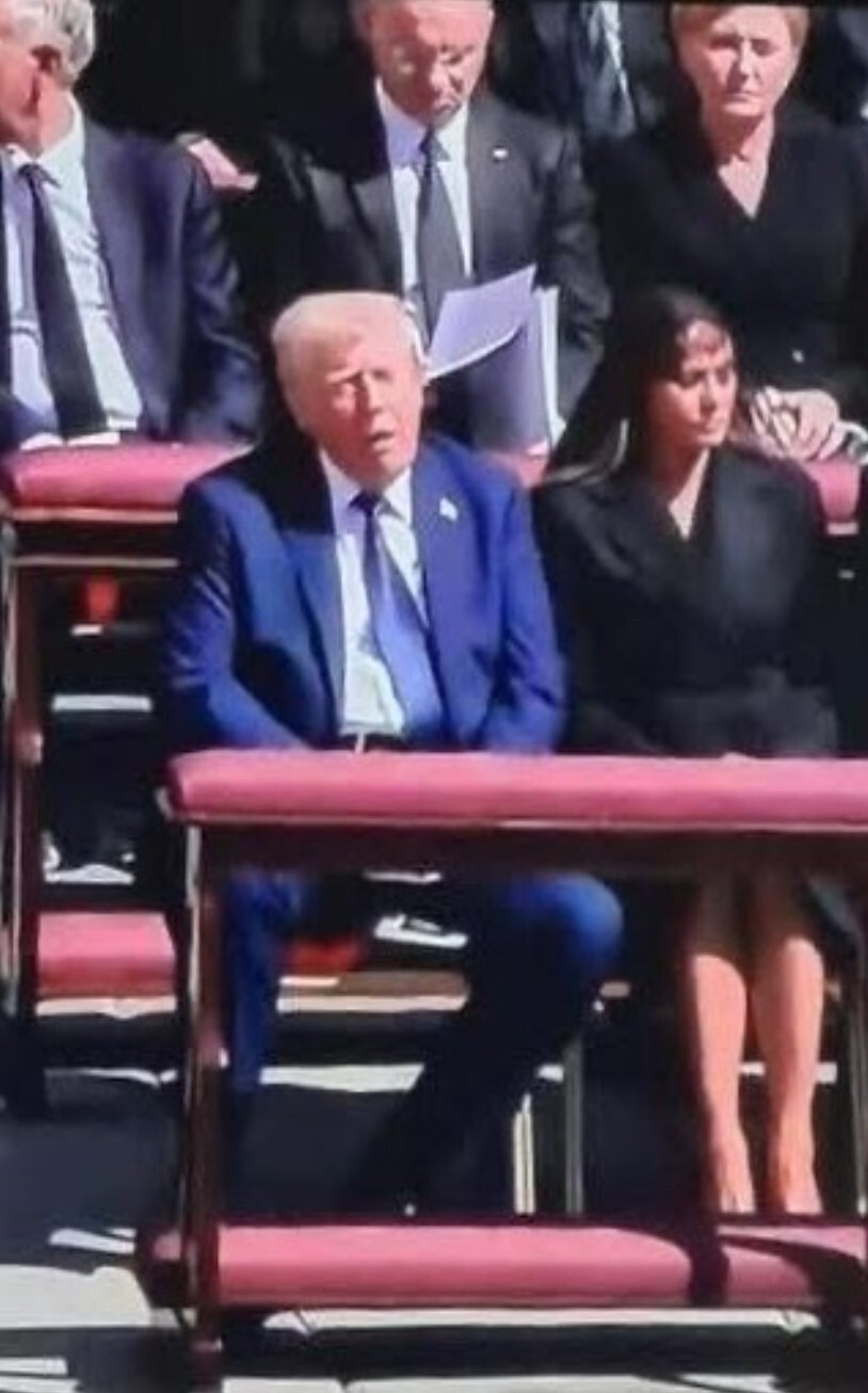 Donald Trump sleeping while wearing a blue suit at Pope Francis's funeral