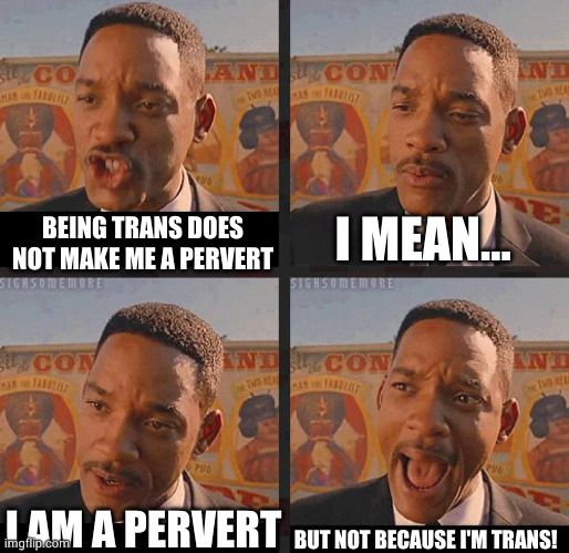 A Will Smith "Not Because I'm Black" meme with the texts being about not being a pervert because you're trans.